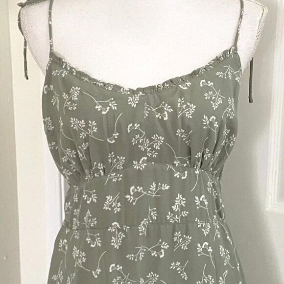 Abercrombie & Fitch Sage Green Floral Shoulder Tie Mini Dress Pockets Size Med - Picture 3 of 8